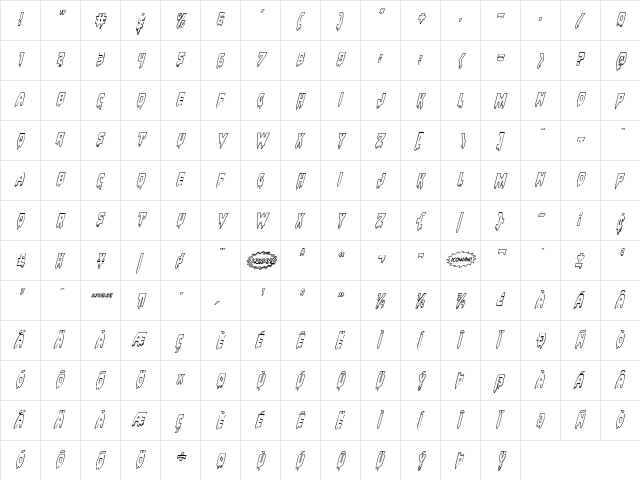 Bloodlust Outline Italic Italic  glyph index