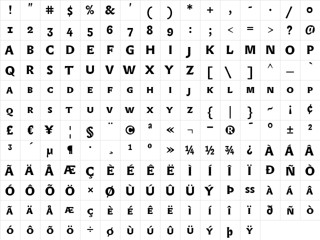 Lexicon Gothic SCOSF Bold  glyph index