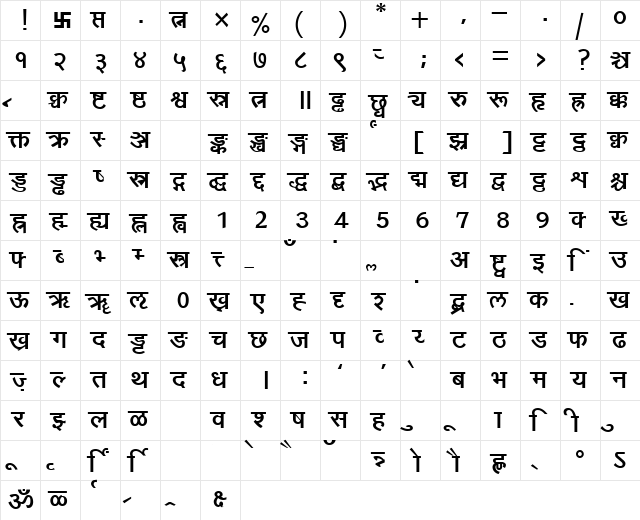 Yogeshweb Bold  glyph index