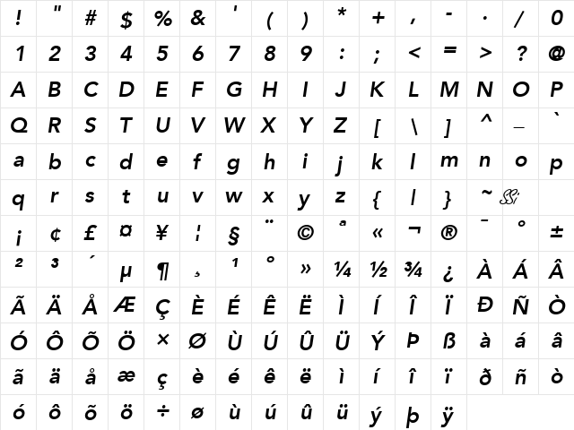 Expo SSi Bold Italic  glyph index