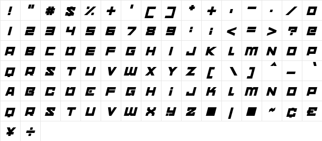 nebulari Italic  glyph index