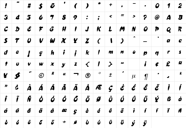 Reflex Oblique  glyph index
