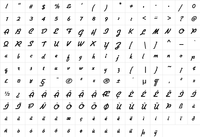 JillianGothic-Bold Regular  glyph index