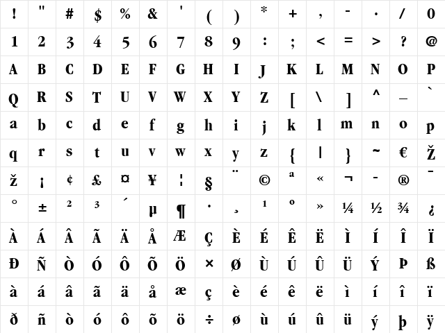 Garamond LT BookCondensed Bold  glyph index