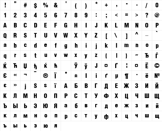 AGLettericaCondensedLight Bold  glyph index