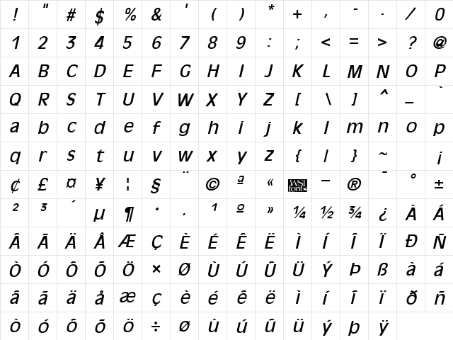 OliviaAntique Italic  glyph index