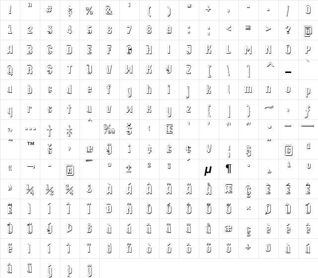 a_Technocrat3Dxtr Regular  glyph index