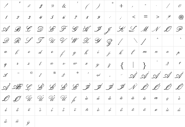 OPTI Venetian Script  glyph index