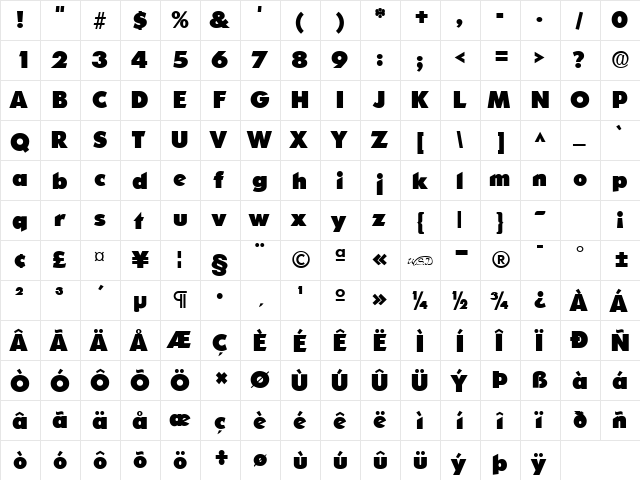 Sharnay Black Regular  glyph index