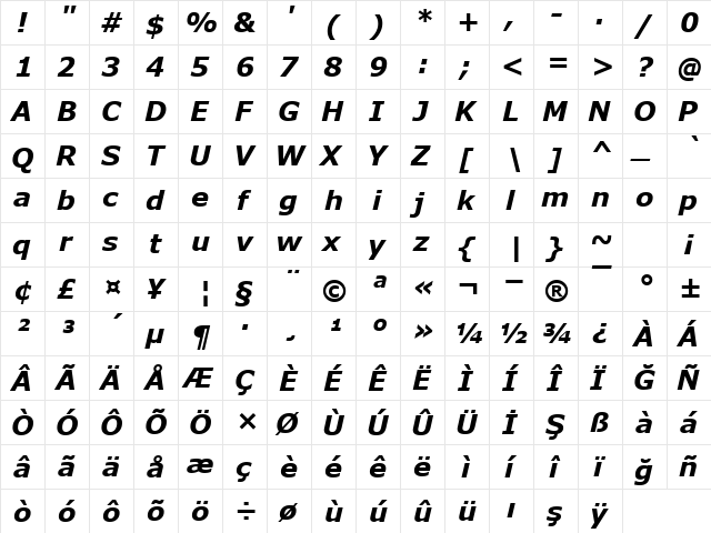 TR Verdana Bold Italic  glyph index