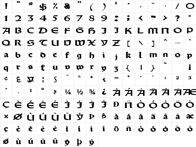 OldyStyleType102 Bold  glyph index
