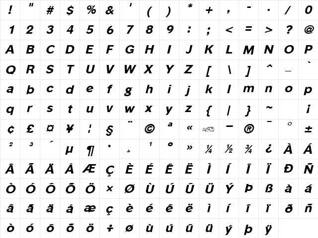 Phinster Extrabold Italic  glyph index