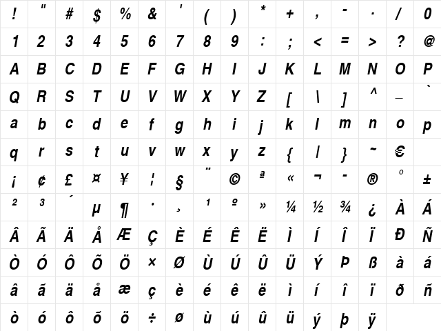 Sans Narrow Bold Italic  glyph index