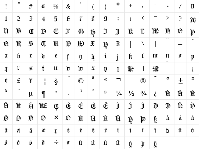Headline Text UNZ1L Regular  glyph index