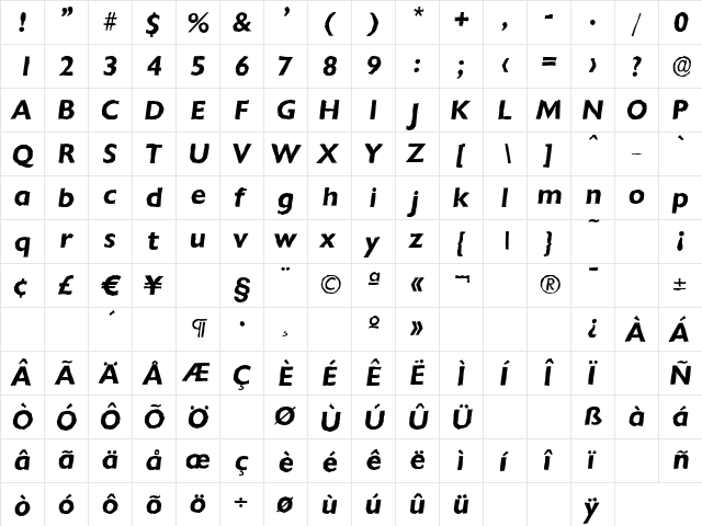 ChantillyAntique BoldItalic  glyph index