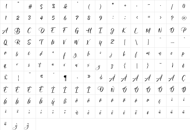 Almere Script Regular  glyph index