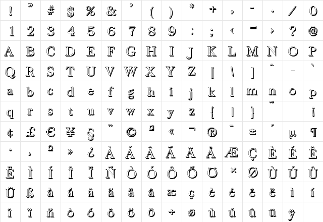 BaskervilleShadow-Light Regular  glyph index