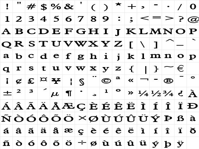 NadineWide Bold  glyph index