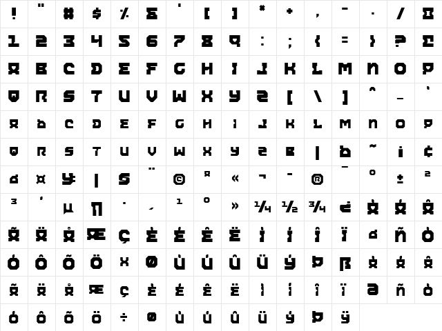 Airacobra Regular  glyph index