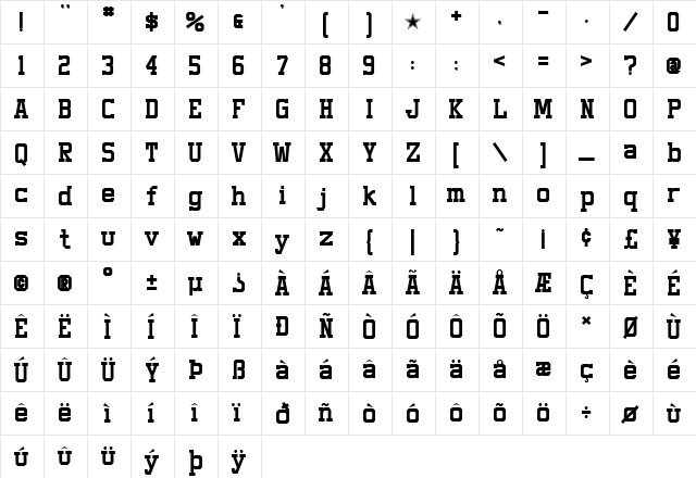 Staubach Regular  glyph index