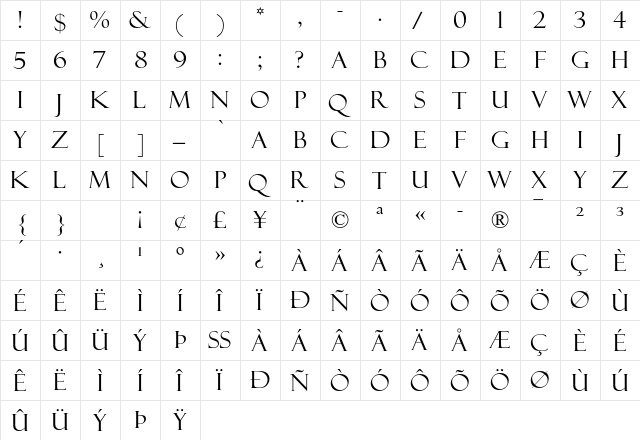 Felix Titling MT Std Regular  glyph index