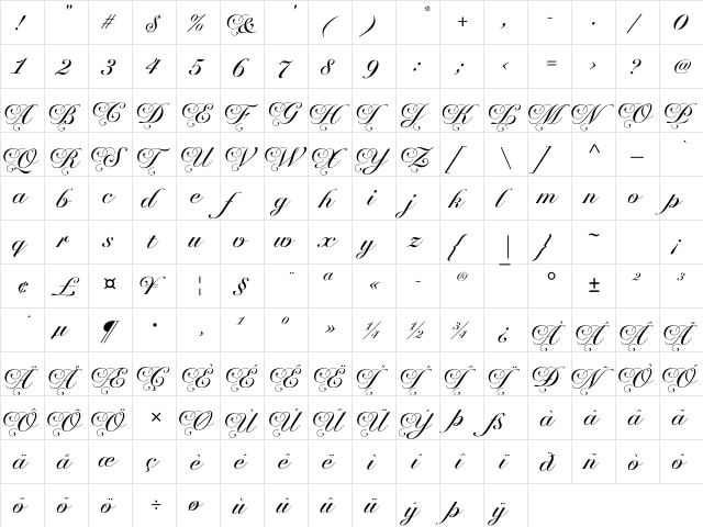 Chateau Regular  glyph index