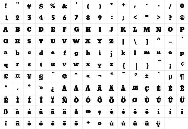 BetonEF Regular  glyph index