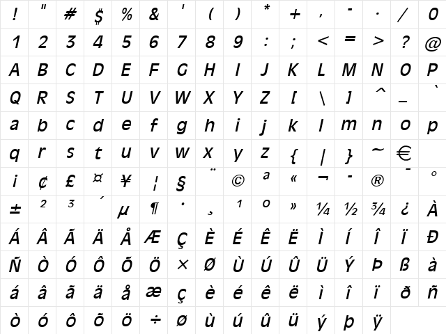 Antiqua101 Italic  glyph index