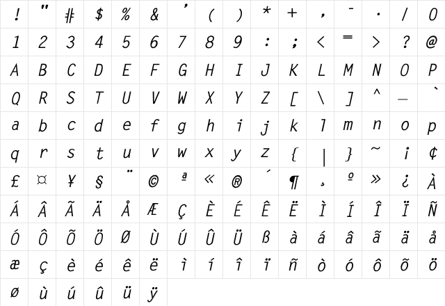 Krosky Italic Regular  glyph index