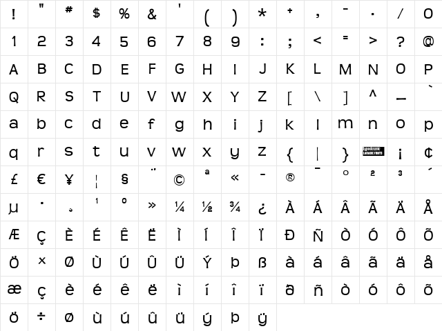 Teen Regular  glyph index