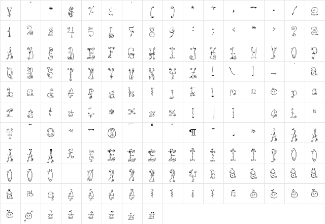 Danzin Regular  glyph index