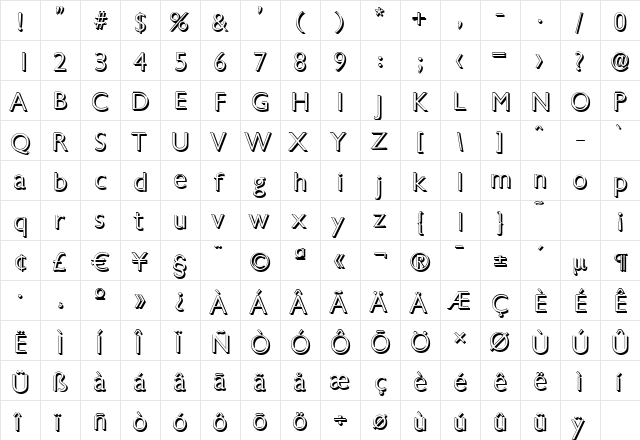 ChantillyShadow-Light Regular  glyph index