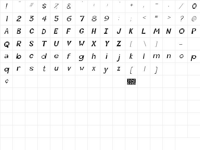 Kwirky Italic  glyph index
