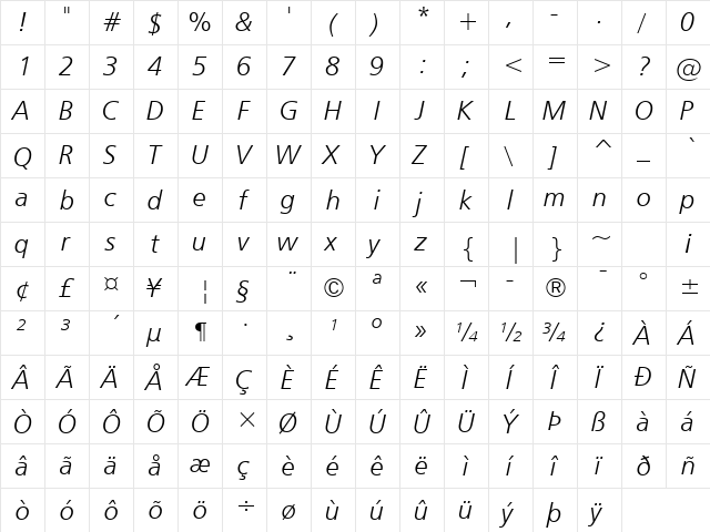 Humnst777 Lt BT Light Italic  glyph index