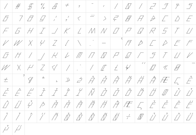 slanted ITALIC shift Light  glyph index