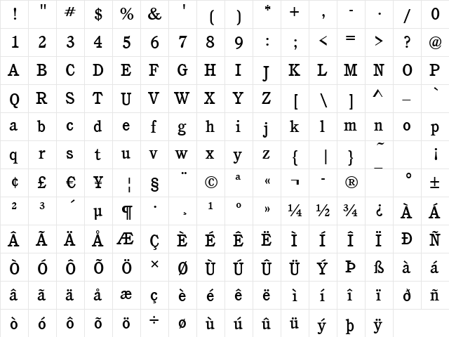 Calgary-Medium Regular  glyph index