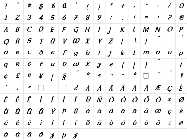 Dalelands Uncial Condensed Bold Italic  glyph index