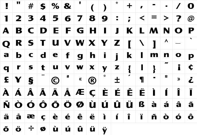 GrangeTF-ExtraBold Regular  glyph index