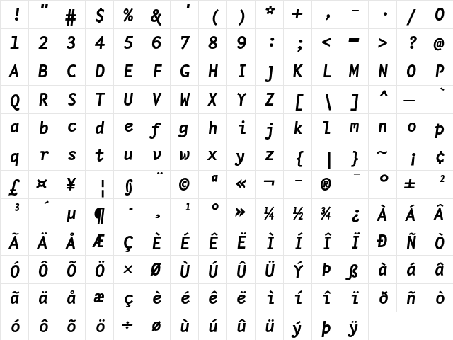 NexusTypewriterTF-BoldItalic Regular  glyph index