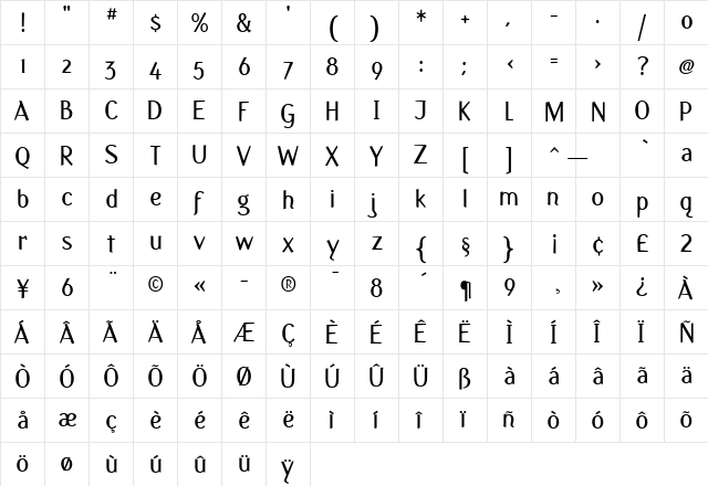 Fasciani-Senza Regular  glyph index