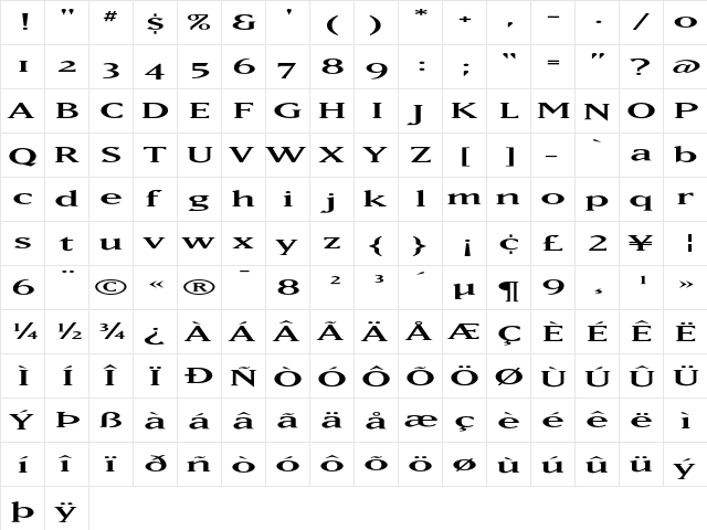 MatrixWide Medium  glyph index