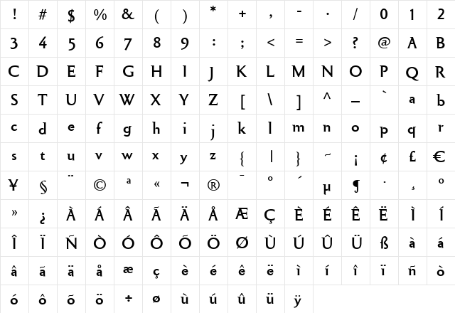 Cimiez Demi Serif Bold  glyph index