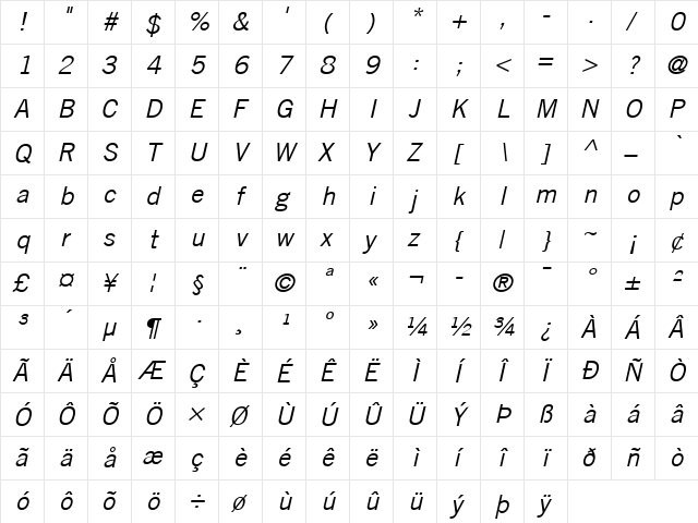 TradeGothic LT Oblique Regular  glyph index