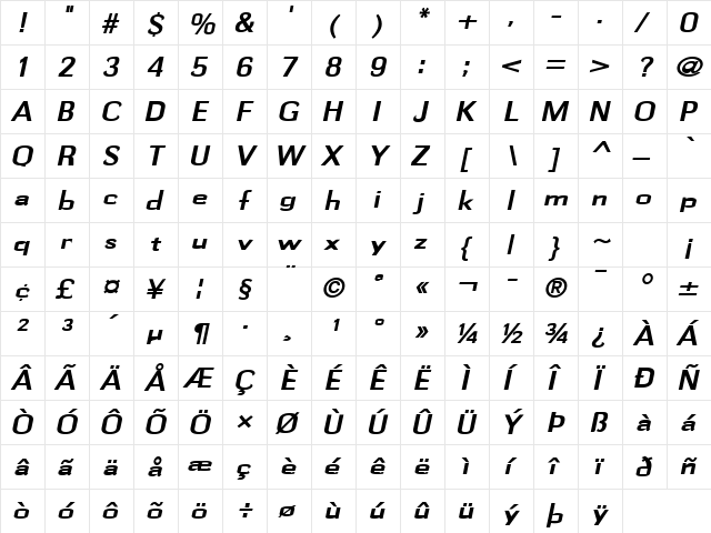 Gauss Bold Italic  glyph index