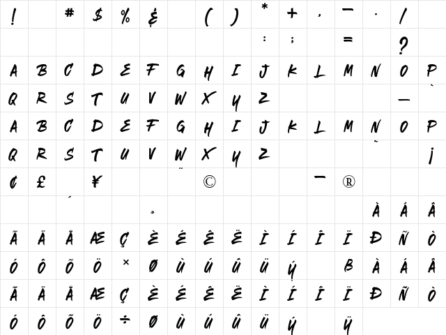 The Bregym Regular  glyph index