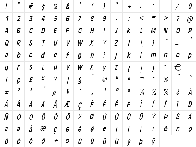 Antiqua101Thin Italic  glyph index