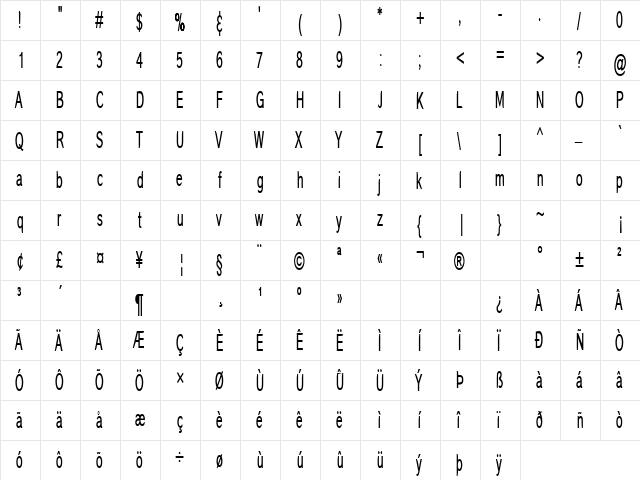 Corona Thin Regular  glyph index