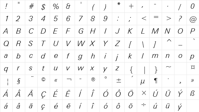 Zurich Lt L2 Light Italic  glyph index
