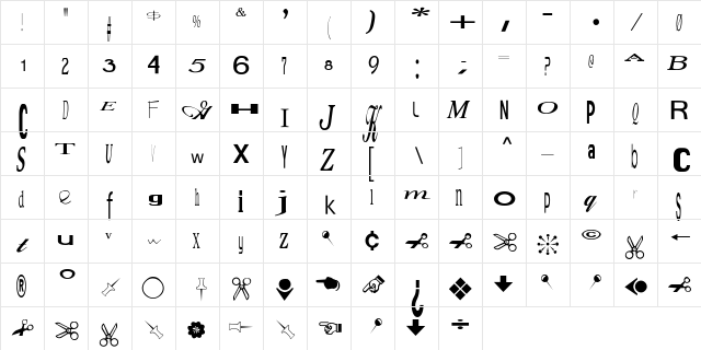 Jumbalaya Regular  glyph index