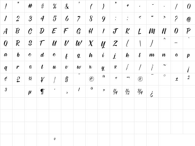 Eastville Square US Regular  glyph index